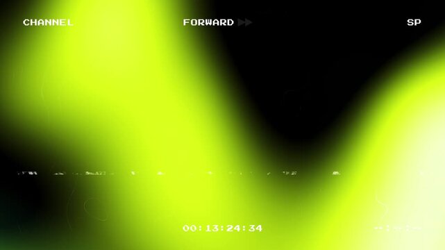 Retro VHS glitch background featuring abstract green fluid shapes with analog video overlay including timecode and channel text for a vintage 80s and 90s electronic aesthetic
