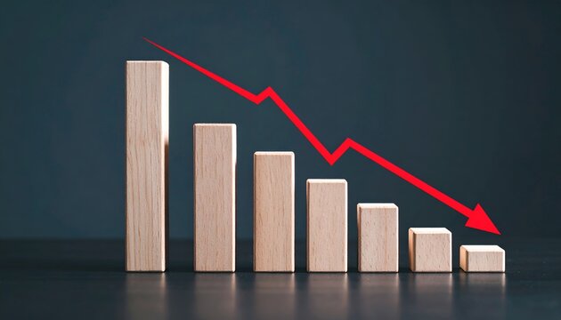 Wooden bars fall as red arrow points downward. Dark background emphasizes decline's gravity