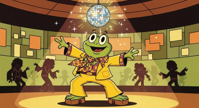 Frog dancing under disco ball in retro 70s attire with silhouette dance party