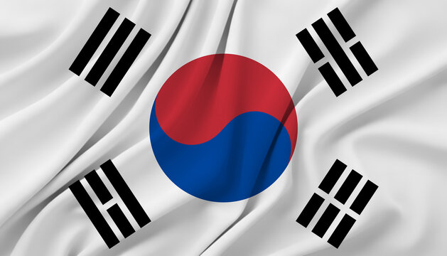 South Korean flag with Taegeuk symbol and four trigrams on white background.