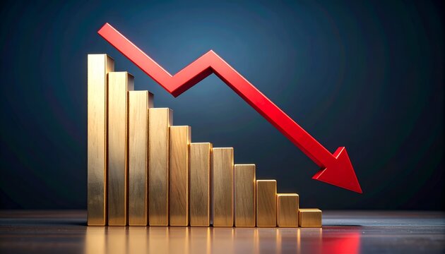 Falling bar graph with a red downward trend arrow, representing decreasing sales, financial decline, investment risk, and negative business performance.