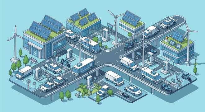 An isometric illustration of a futuristic smart city intersection featuring electric vehicles, charging stations, solar panels, and wind turbines, symbolizing sustainable urban development.