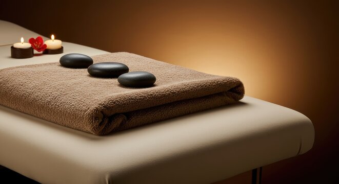 A serene spa treatment table with a brown towel and black stones awaits relaxation indoors.