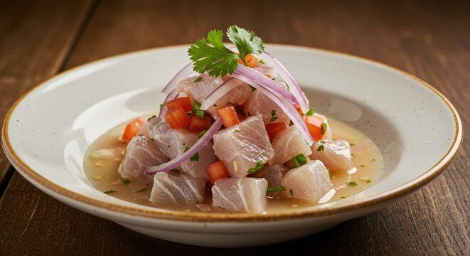 A plate of fresh ceviche with fish onions tomatoes and herbs on a wooden table