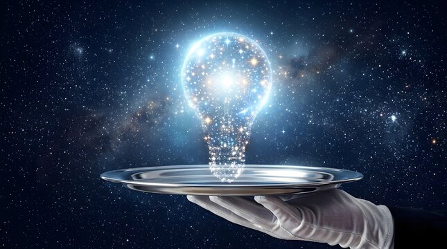 Innovative idea concept glowing light bulb served on silver platter