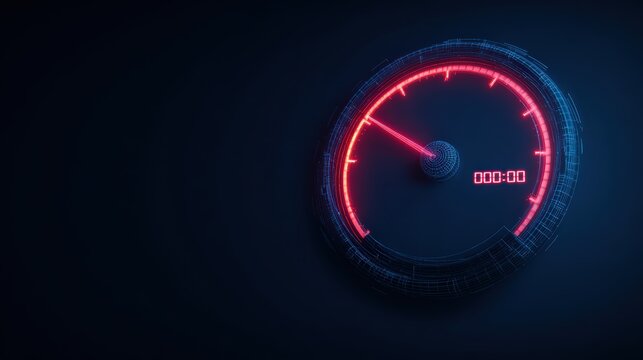 A digital speedometer displays a low speed, illuminated with a striking red glow against a dark, textured background. ..Created with Generative AI, not depicting real subjects.