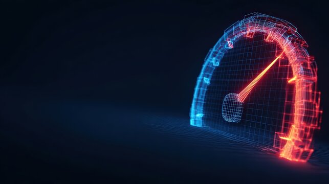 A futuristic digital speedometer, rendered in glowing neon blue and red wireframe, indicates high performance or speed. ..Created with Generative AI, not depicting real subjects.