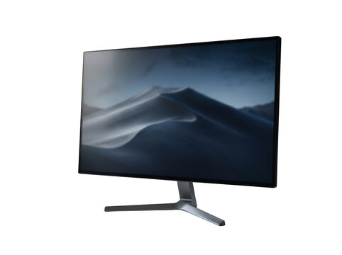 Modern computer monitor, sleek desktop display, black screen with mountain landscape, silver stand isolated on Transparent Background