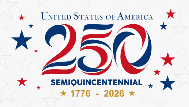 USA 250th Independence Day banner template. Features bold tricolor fluid typography for the historic Semiquincentennial milestone, red and blue patriotic stars, and 1776 to 2026 commemorative text.