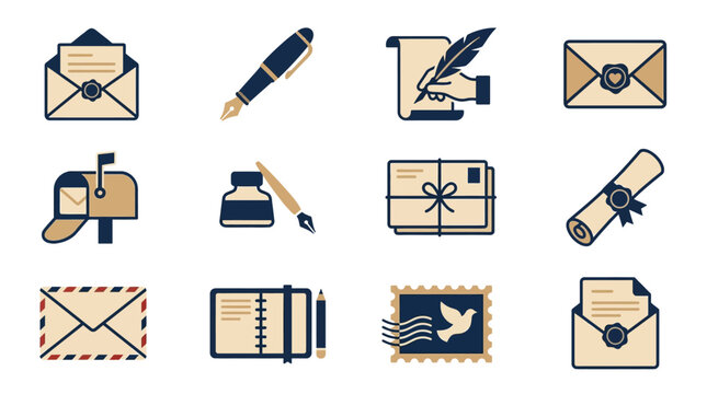 Vintage correspondence elements with writing tools and mail