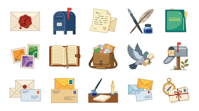 Vintage postal items with letters, ink, and mailbox scene