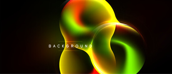 Naklejka premium Abstract fluid shapes, vibrant colors blend. Yellow, green, orange hues dominate dark background. Modern design element.