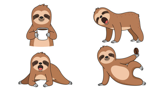 Cute cartoon sloth characters in various poses, including holding coffee and doing yoga.