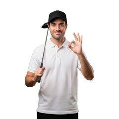 Fototapeta premium Man giving okay sign holding golf club
