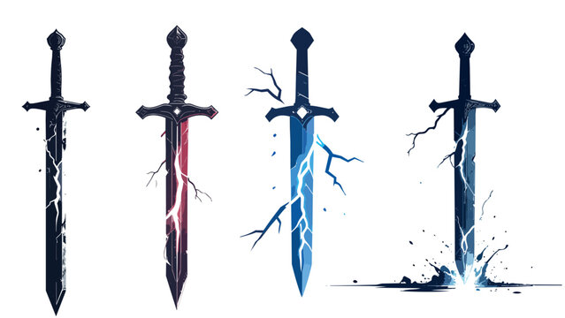 Fantasy swords collection isolated on white background featuring elemental magic effects including lightning, energy aura, and dark power. Digital illustration of medieval weapons with mystical atmosp
