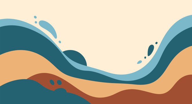 Abstract vector background with dynamic wavy lines and organic flowing shapes in blue, teal, orange, and terracotta tones on cream, featuring minimalist stylized water droplets.