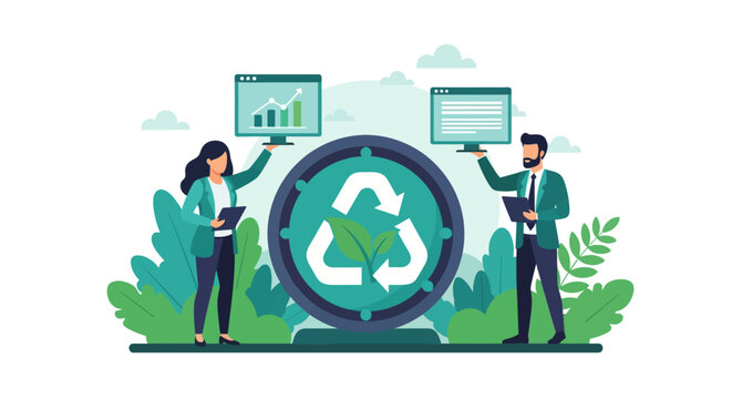 Vector illustration showing two business professionals holding monitors with data charts around a large recycling and leaf icon. Represents sustainable growth and green corporate strategy.