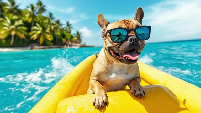 Dog wearing sunglasses in a yellow boat with a tropical island in the background. French bulldog enjoying summer vacation. Animal leisure activity in blue ocean.
