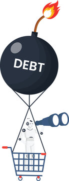 Debt bomb financial crisis economic risk consumer debt robot searching shopping cart future uncertainty impending danger burning fuse artificial intelligence