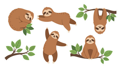 Fototapeta premium Set of cute cartoon sloths in various poses hanging on tree branches with green leaves.