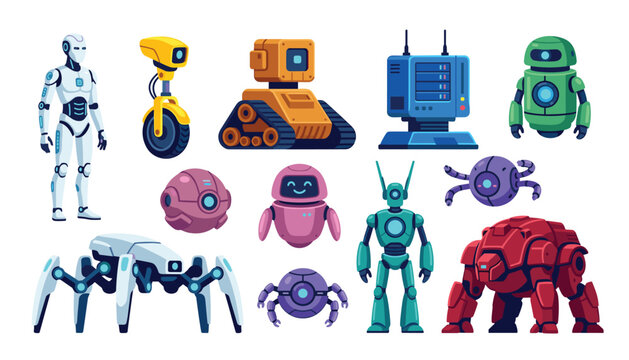Futuristic robot cartoon characters bundle. Cyborg, tracks, wheel, spider, drone, helper, mechanical, machine, technology, artificial intelligence and automation.