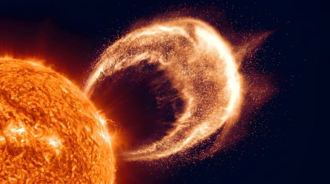 Massive solar flare and coronal mass ejection erupting from the sun surface into deep space