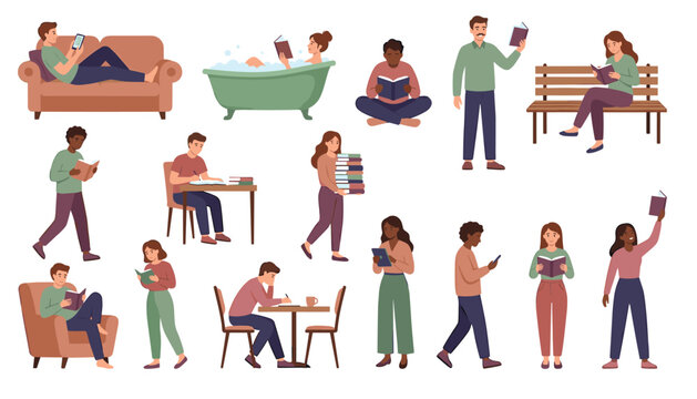 People reading books flat vector illustration set. Sofa, bathtub, bench, table, desk, study, education, learning, student, literature, hobby, relaxation and lifestyle elements.