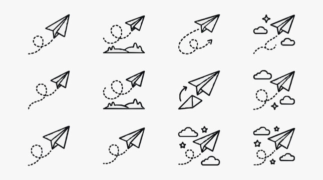 Collection of paper airplanes flying with dotted lines and clouds.