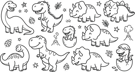 Cute Dinosaur Character Doodle Set for Kids Coloring Pages Jurassic Prehistoric Nursery Graphic Art Designs © PJ DeSign