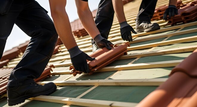 Workers installing roof tiles on a sloped roof structure with wooden battens
