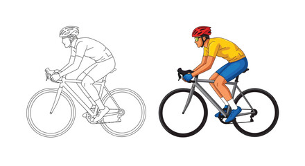 Fototapeta premium Professional cyclist riding a road bike shown in both outlined sketch and vibrant colored versions