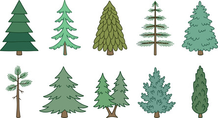 Fototapeta premium Hand Drawn Pine Tree Vector Icon Set with Evergreen Spruce Fir and Cypress Elements for Nature Landscape and Winter Holiday Designs