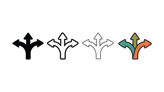 Three directional arrows branching out in different directions representing choices and pathways on a clean white backdrop Vector Silhouette
