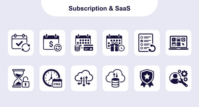 Subscription and SaaS Icons Vector Set. Calendar Cloud Software Billing Security Analytics and Digital Service Illustration Symbols for Online Platform and Business Technology