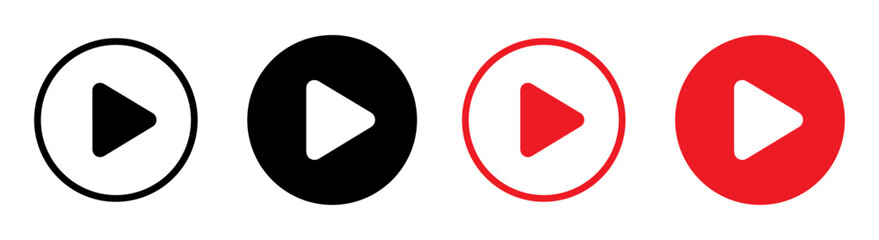 Set of black and red circle play button icons for video media player interface design © CreativeDH