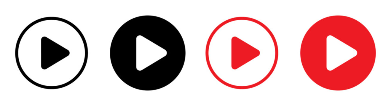 Set of black and red circle play button icons for video media player interface design