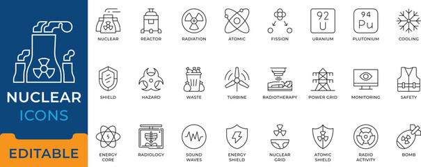 Nuclear Reactor Radiation Atomic Energy Fission Icon Set - editable vectors for power plant, radioactive hazard, and quantum science. © Firoz