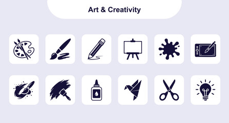 Fototapeta premium Art Creativity Icons Vector Set. Paint Palette Brush Pencil Easel Scissors and Design Tools Illustration Symbols for Artist Education and Craft Projects