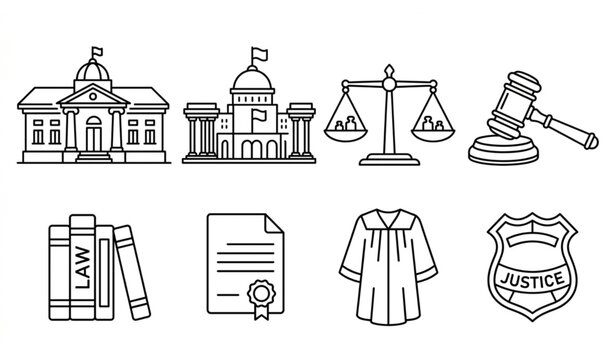 Set of legal and government building and symbol icons