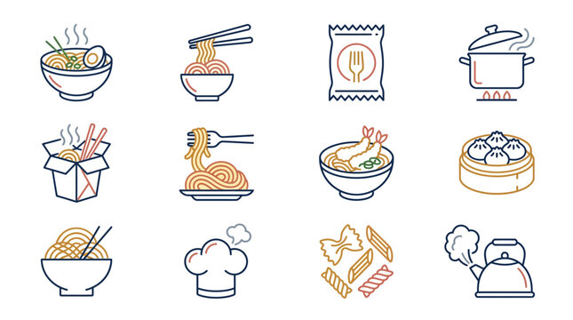 Various noodle dishes and cooking icons illustrated