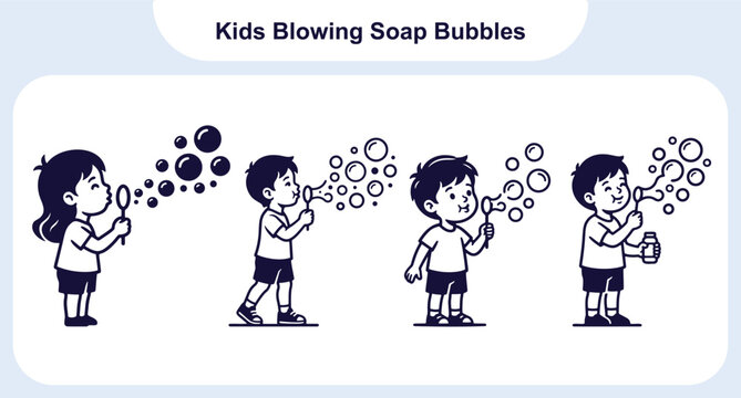 Children Blowing Soap Bubbles Vector Set. Happy Kids Outdoor Play Fun Activity Illustration Flat Line Art Icons for Childhood Education and Family Recreation Design