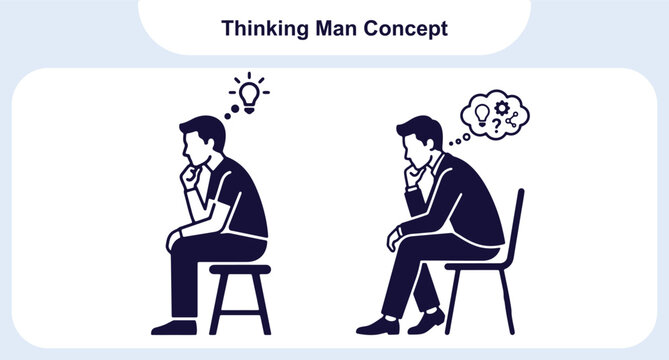 Thinking Man Concept Vector Set. Creative Idea Brainstorming Problem Solving Business Strategy Illustration Flat Line Art People Icons for Innovation and Decision Making
