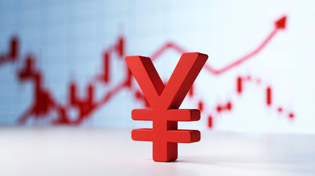 Yen Currency Symbol on Financial Chart: A red Yen symbol stands prominently against a blurred background featuring a red stock market chart indicating an upward trend.