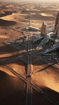 Aerial perspective of modern mega-city development linking advanced architecture to natural terrain
