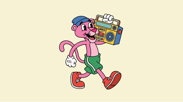 Pink cartoon character with boombox.