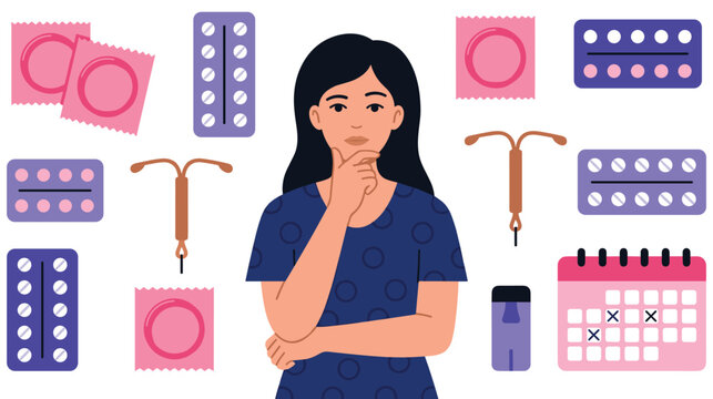 Woman thinking about contraception methods with different birth control options around.