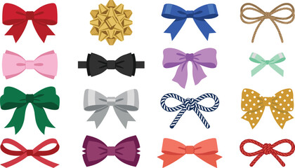 Decorative Ribbon Bow Vector Icon Set with Gift Wrapping Star Bowties Polka Dots and Cord Knots for Festive Holiday Presents and Greeting Card Designs © Ismail