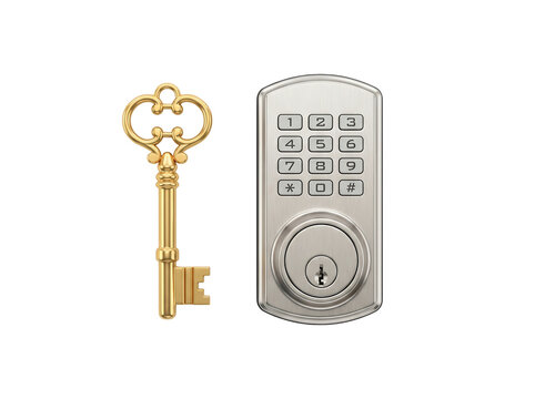Electronic keypad lock with golden key.