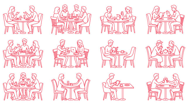 People at restaurant tables with food and drinks line art vector illustration.