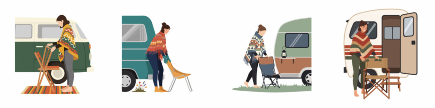 Set of flat vector illustrations featuring women in patterned ponchos setting up folding chairs next to their camper vans during a road trip.